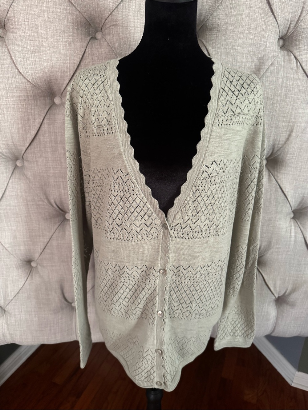 Frye Sage Green Openwork V-Neck Button Front Cardigan